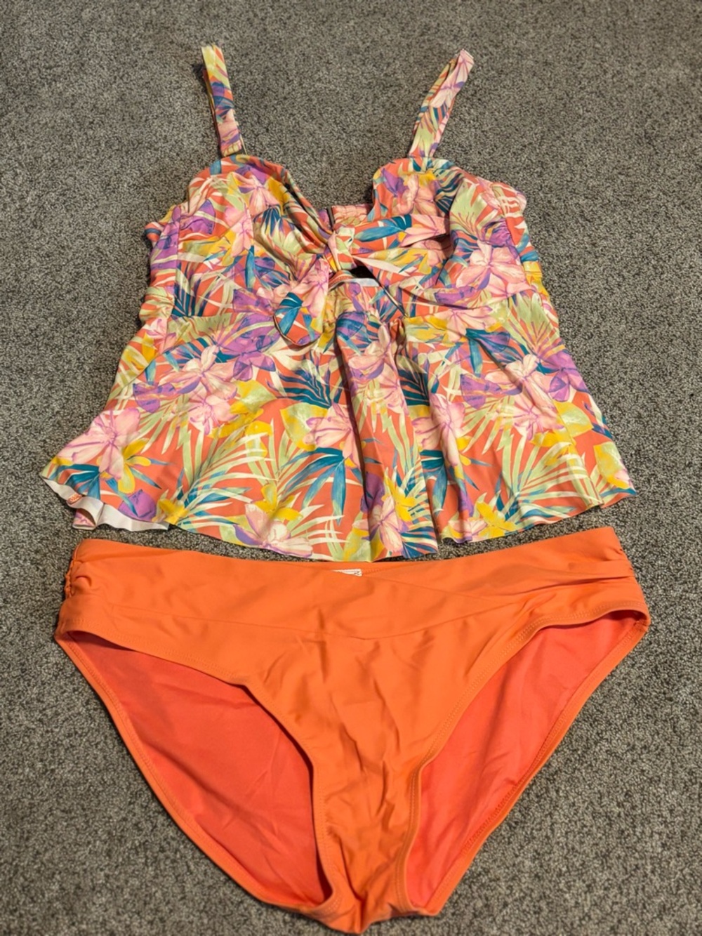 Floral Ruffled Tankini Top & Orange Bikini Bottom Set